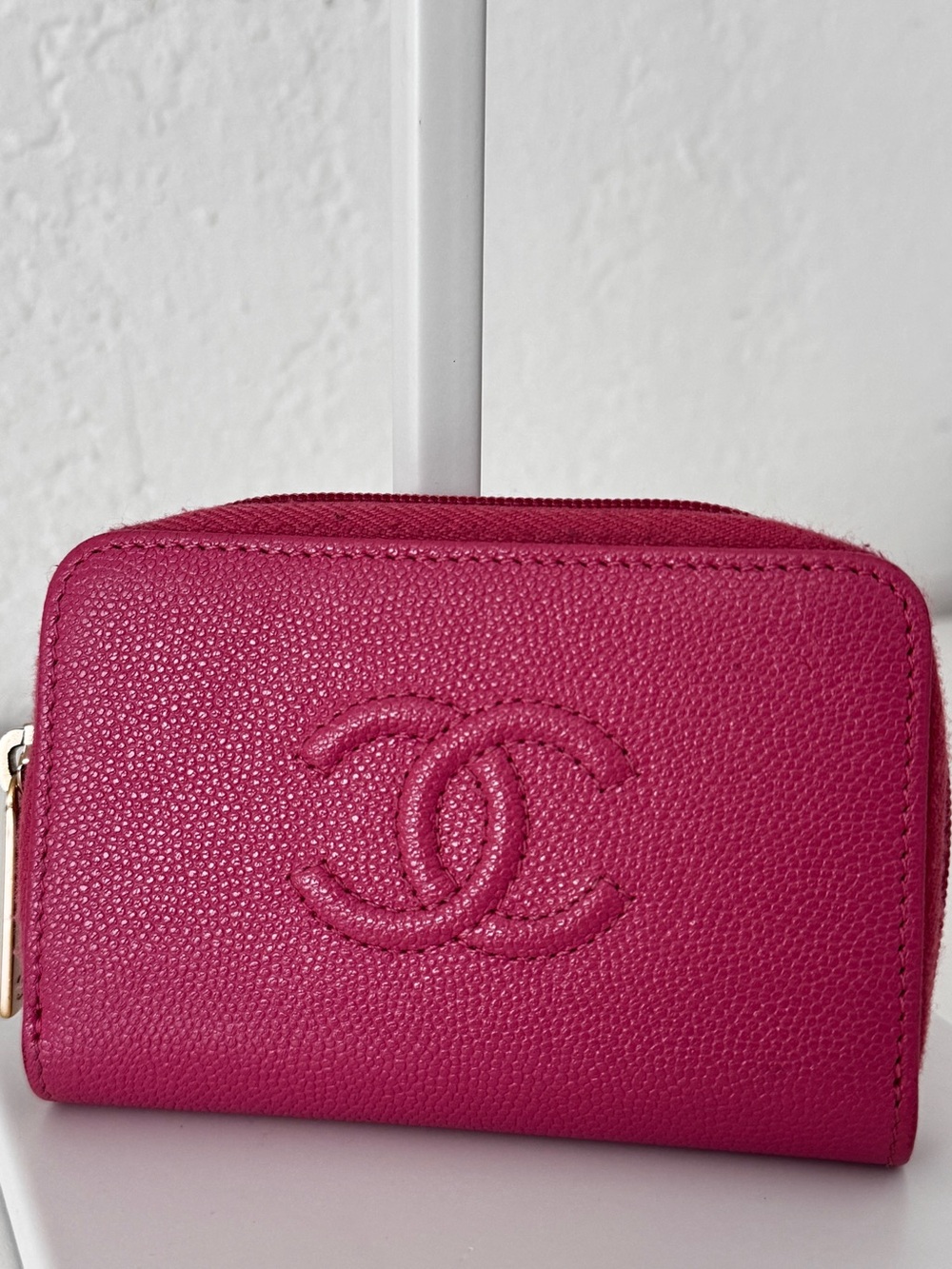 CHANEL Hot Pink Caviar Leather Zip Card Case